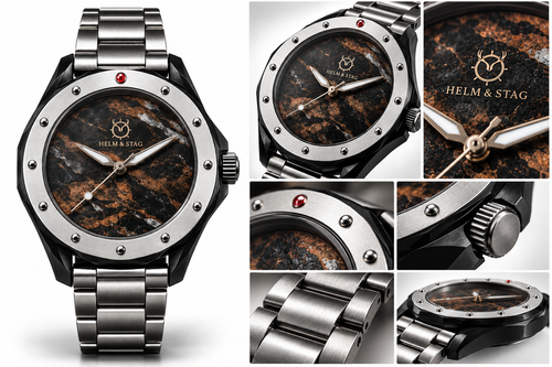Helm & Stag Fortitudo 2.0 — hand-finished black-and-bronze marbled dial, markerless face, plain crown and steel bracelet